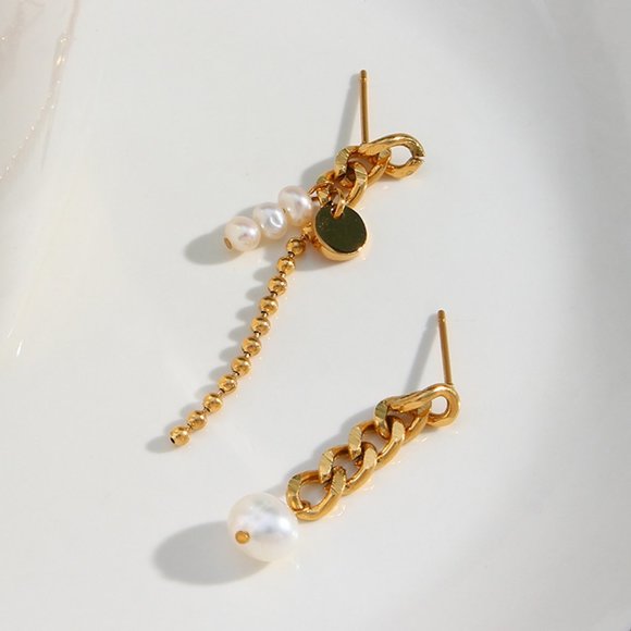 Asymmetrical Dainty Drop Pearl Earrings 18K Gold Plated Stainless Steel - Picture 6 of 11